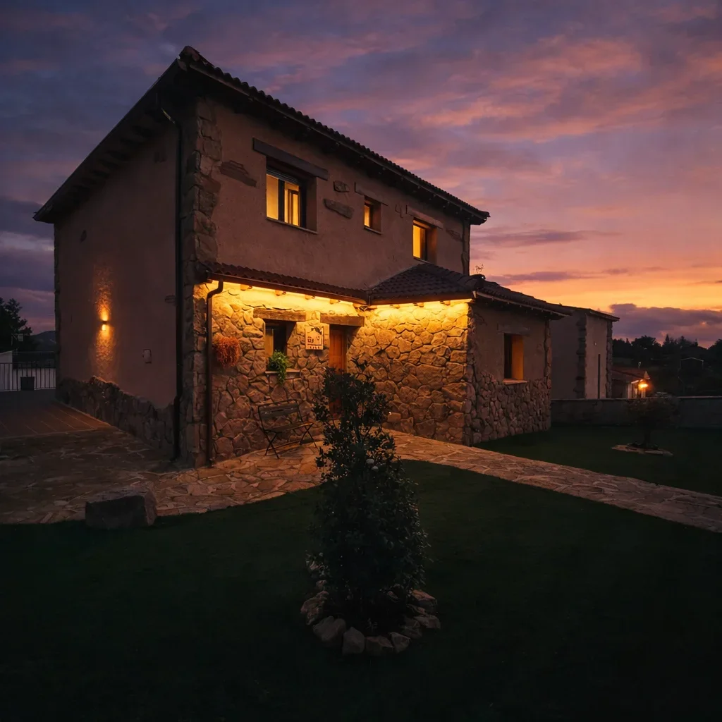 La casa iluminada al atardecer, con el jardín delante